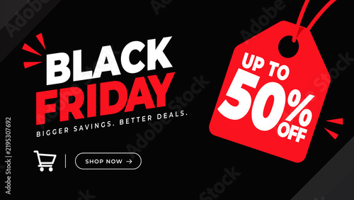 Black Friday sale banner design on black background with white and red typography, a red discount tag showing up to 50 percent off, a shopping cart icon, and a shop now button with an arrow
