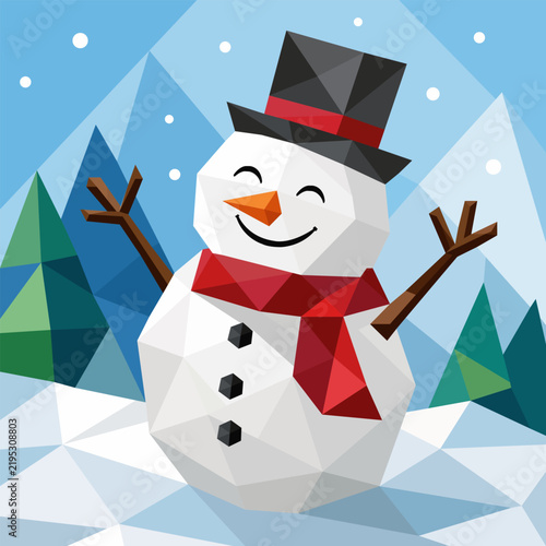 Cute geometric low-poly vector illustration of a happy snowman with a top hat and red scarf, standing in a winter forest landscape with mountains and snow.
