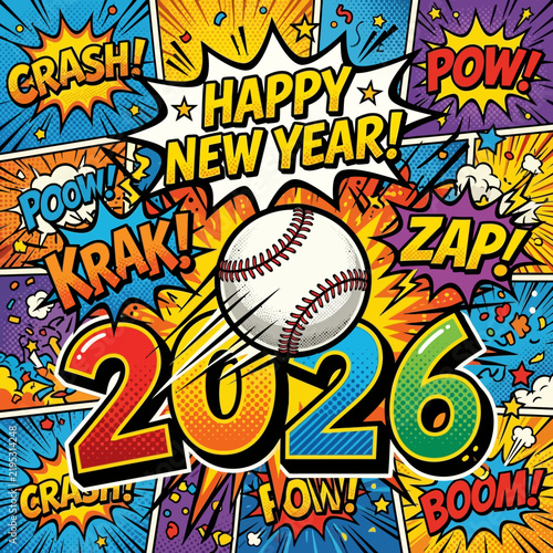Happy New Year 2026 Baseball Celebration Comic Style