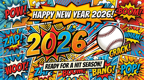 Happy New Year 2026 Baseball Comic Style Celebration