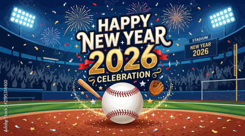 Happy New Year 2026 Baseball Stadium Celebration Fireworks