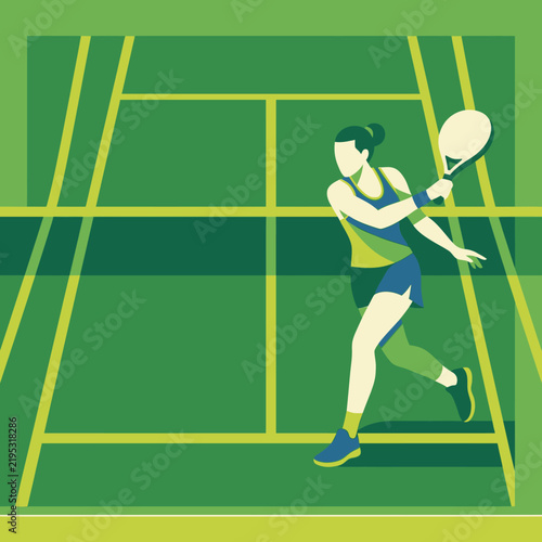 Dynamic Woman Playing Tennis on a Vibrant Court Graphic