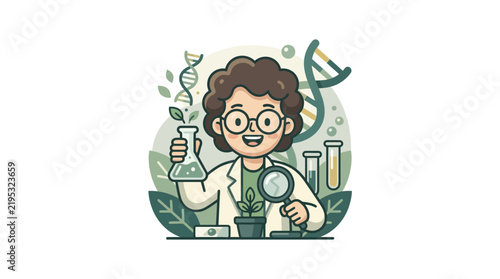 Cartoon boy scientist with lab equipment and DNA.