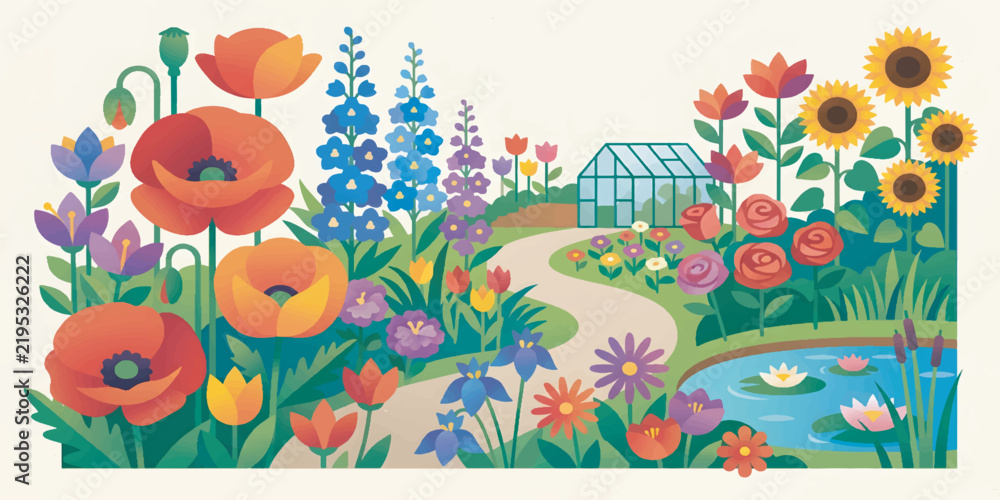 Obraz premium Lush Flower Garden Vector Illustration with Colorful Blooming Flora