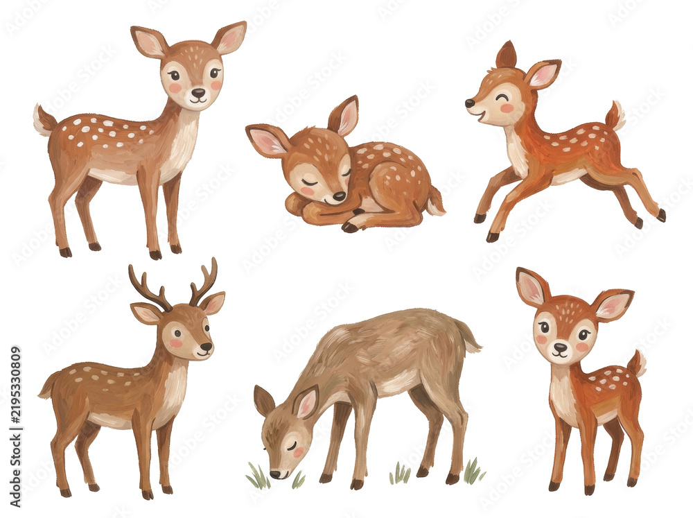 Obraz premium Set of cute cartoon deer and fawns standing, sleeping, jumping and grazing on transparent background. Watercolor woodland animals with spotted coats in brown tones.