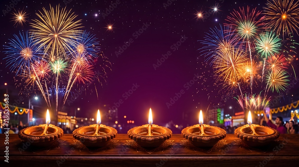 Fototapeta premium Beautiful festive background with glowing oil lamps and colorful fireworks celebrating the traditional indian festival happy diwali