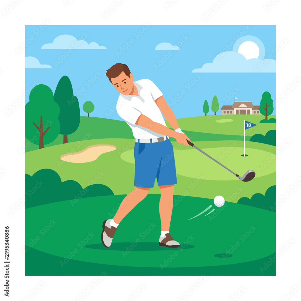 Obraz premium Man Golfing On A Sunny Day With Green Fairway And Blue Sky