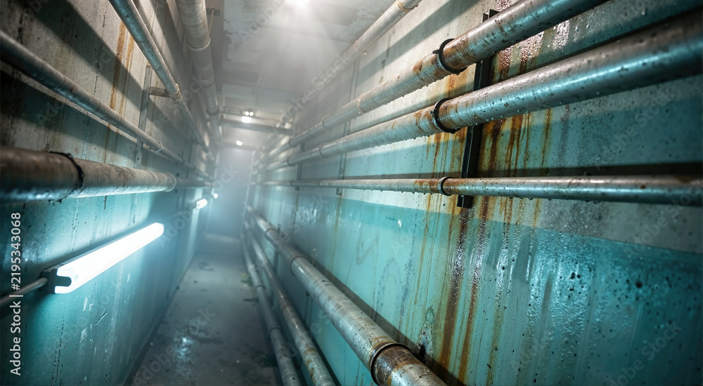 Obraz premium Industrial concrete corridor with rusty pipes and water condensation. Dark underground tunnel with humid haze and cold fluorescent light. Spooky abandoned basement background