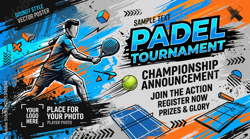 Dynamic Padel Tournament Championship Announcement Poster With Grungy Style Vector Art
