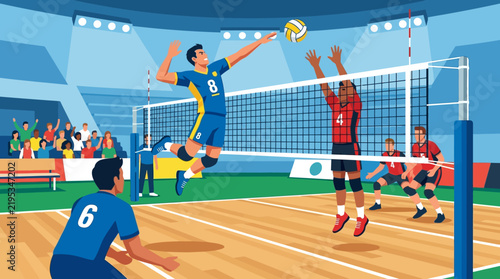 Dynamic Volleyball Match Scene With Athletes Competing On Court