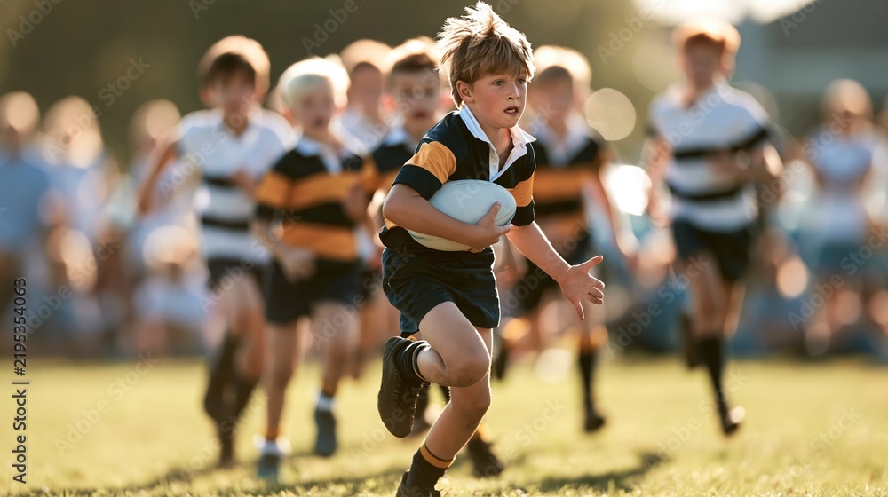 Fototapeta premium Energetic young boy in rugby kit running with ball during outdoor school sports match with teammates