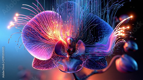 Futuristic Orchid Illuminated by Vibrant Fiber Optic Lights, Symbolizing Technology and Nature Fusion