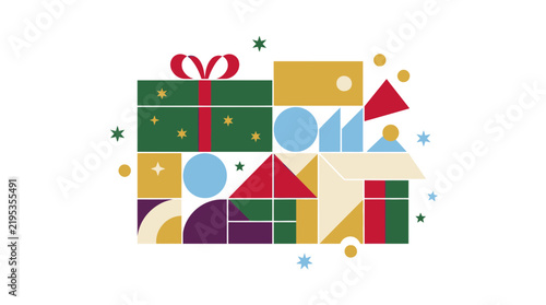 Abstract geometric Christmas gift box and colorful holiday shapes illustration.