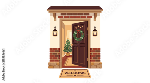 Cozy open front door with Christmas wreath and welcome mat vector illustration.