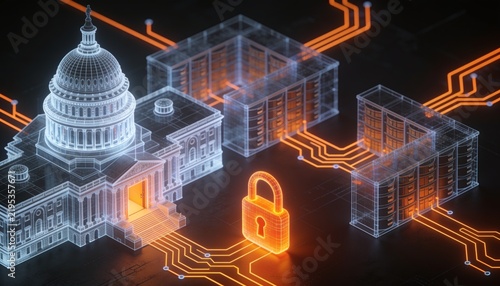 Isometric government building with glowing orange padlock, domed capitol and archive halls rendered as holographic wireframes, neon orange circuit lines, dark background, public sector security