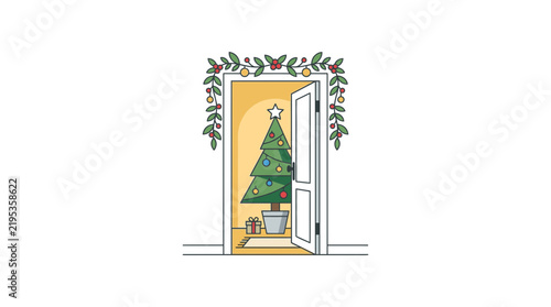 Hand drawn illustration of an open door revealing a decorated Christmas tree inside a warm room.