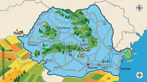 Cartographic Illustration Of Romania With Cities And Countryside Scenes