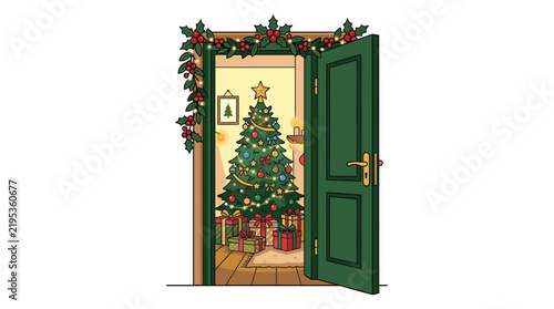 Open green door revealing a decorated Christmas tree with presents inside a cozy room illustration.