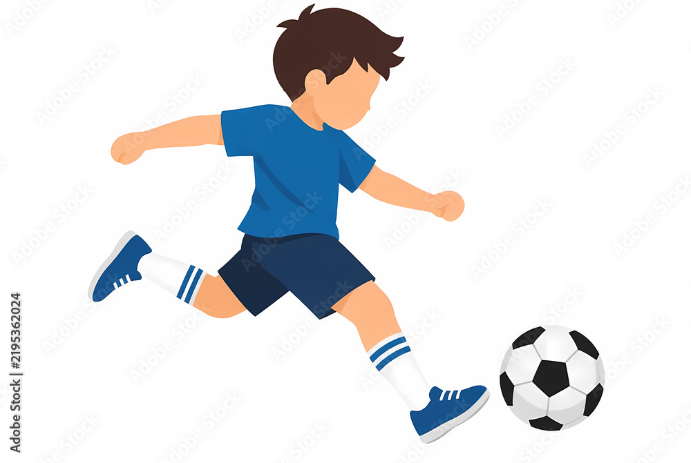 Fototapeta premium Flat vector illustration of a young boy in blue sportswear kicking a soccer ball on a white background, highlighting childhood sports, active lifestyle, and football training.