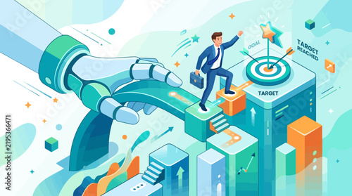 Artificial Intelligence Aids Business Man Ascending Towards Goal Achievement