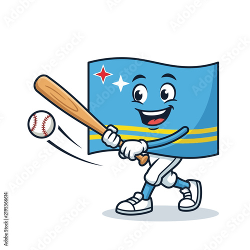 Aruba Flag Mascot Playing Baseball Cartoon Illustration