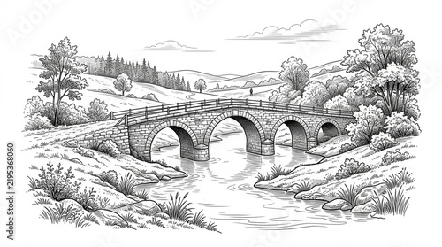 Detailed black and white sketch of an old stone arch bridge spanning a river in a serene rural landscape with rolling hills and lush trees.