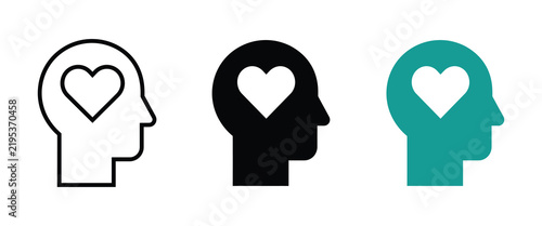 Human head profile with heart icon set symbolizing love and empathy mental health silhouette