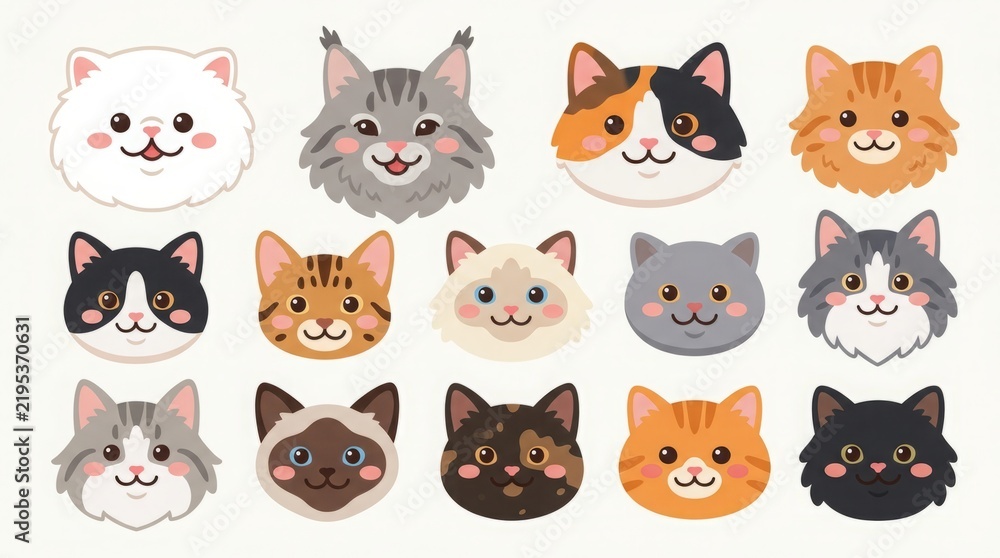 Fototapeta premium Collection of Modern Flat Vector Cat Head Icons and Feline Character Illustrations