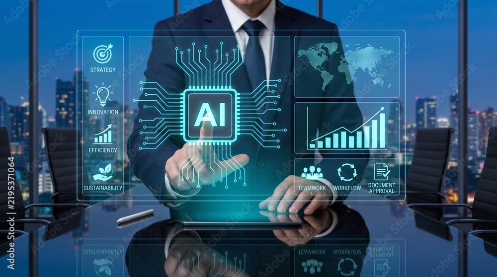Obraz premium Artificial intelligence business transformation dashboard for strategy, innovation, workflow, teamwork and sustainable growth