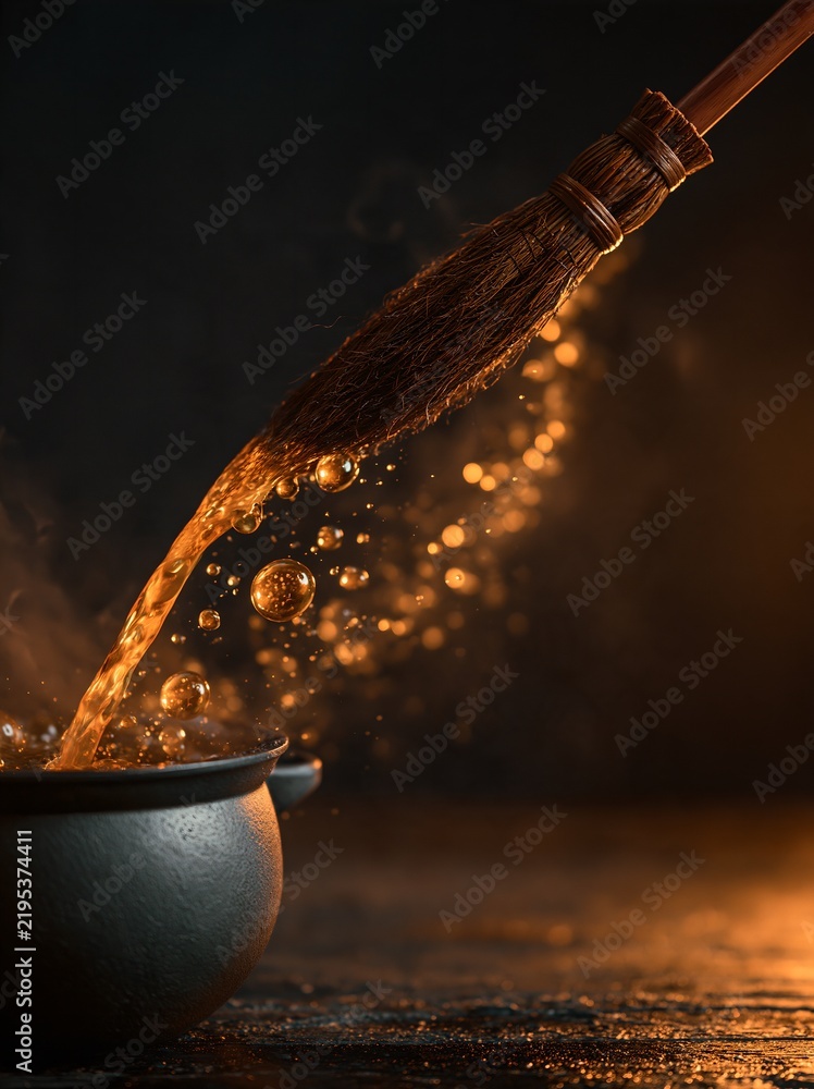 Fototapeta premium Witch broom stirring a glowing potion inside a black cauldron, golden liquid splash with sparkling bubbles in warm amber light against a dark moody backdrop
