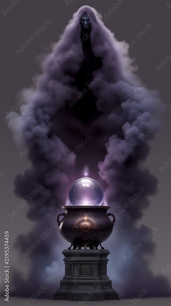 Fototapeta premium Hooded spectral figure rising in swirling purple smoke above an ornate cauldron holding a glowing crystal orb on a stone pedestal in a dark fantasy ritual scene