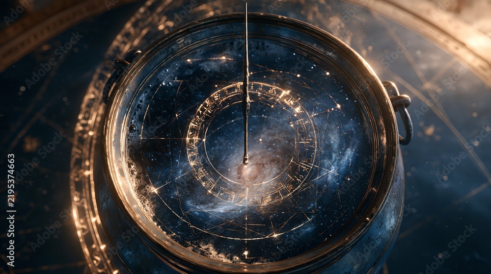 Fototapeta premium Ornate antique astrolabe with a glittering galaxy and golden constellations inside its dial, glowing celestial rings over a deep blue cosmic space background