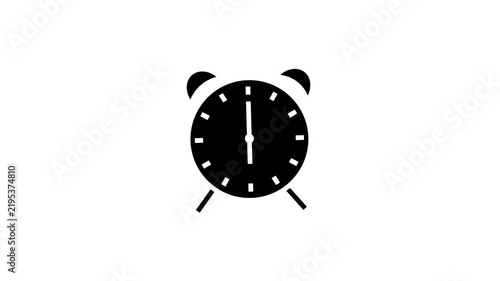 A black alarm clock icon animating against a white background.