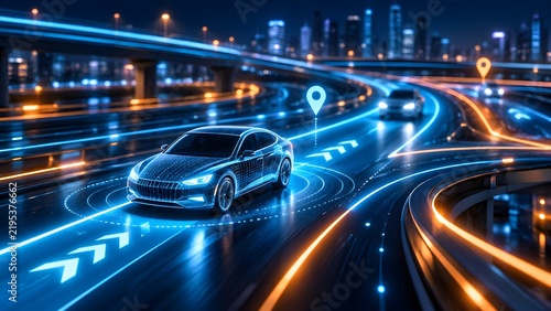 Glowing holographic smart car driving on futuristic city highway with digital location pin and sensor rings illustrating autonomous driving