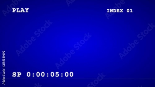 Retro VHS Camcorder Play Interface on Blue Screen with Timecode and Glitch