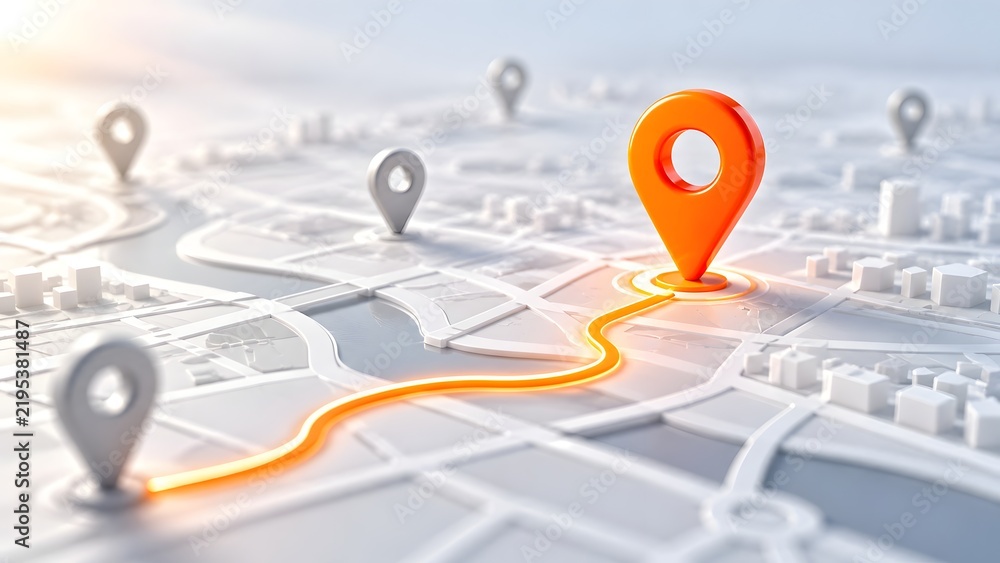 Fototapeta premium Orange location pin and glowing navigation route on white 3d city map concept