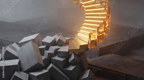 Golden Ascending Spiral Staircase Over Concrete Blocks Concept of Success and Growth