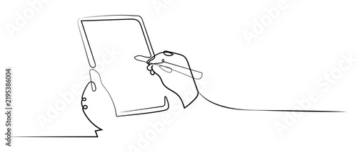 Continuous line drawing vector of hand holding pen writing on tablet screen, doodle art style Editable stroke.