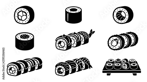 Japanese sushi and maki roll icons.