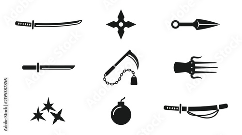 Black ninja weapon icons on white background.