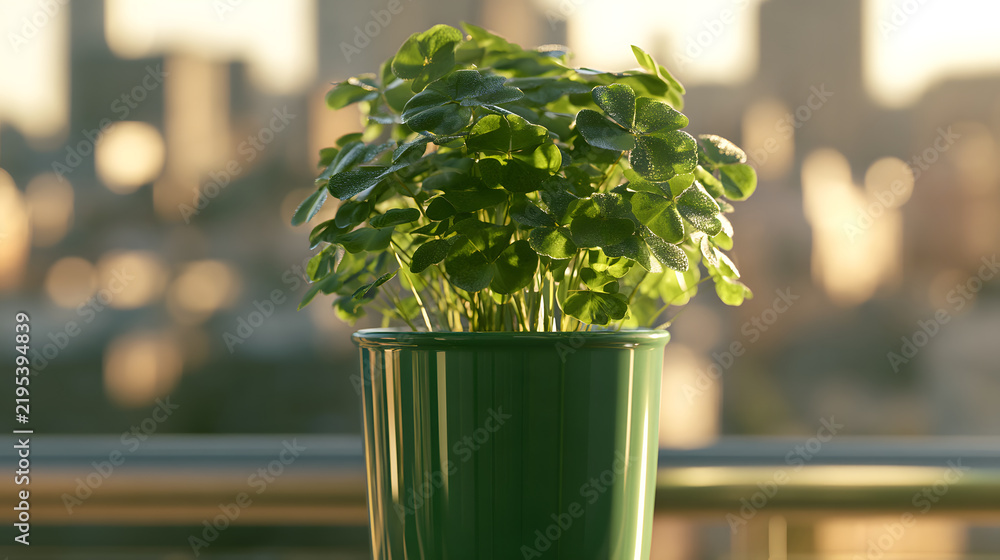 Fototapeta premium A lush green shamrock plant in a strikingly green pot positioned on a sunny balcony with the backdrop of a city skyline, symbolizing the spirit of St. Patrick's Day, the idea of gardening or home deco
