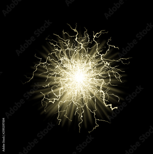 Golden electric lightning discharge isolated on transparent background