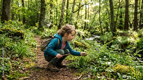 Young child exploring a lush green forest path discovering wildflowers