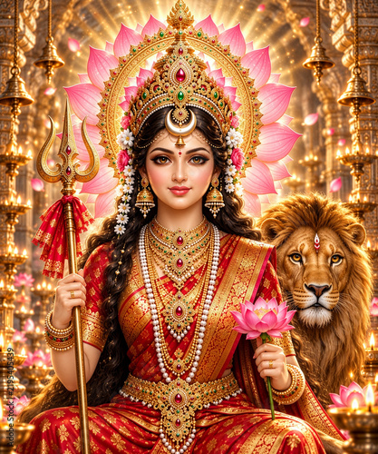 Divine Hindu Goddess Illustration with Lion and Trident