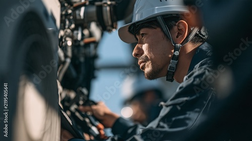 Fototapeta 業務用エアコンや空調機器を確認する空調設備技師の仕事シーン