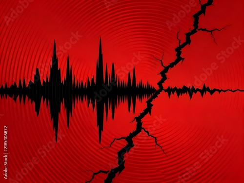 Earthquake Seismic Wave and Cracked Earth Surface On Red Background