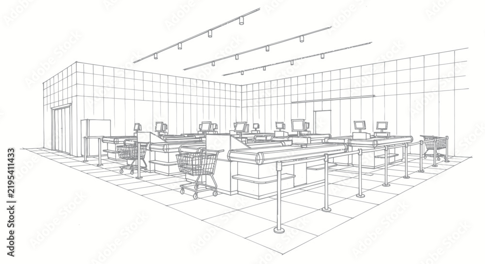 Fototapeta premium Creative Line Drawing of Modern Self Checkout Supermarket or Grocery Store with Multiple Scanning Stations and Shopping Carts