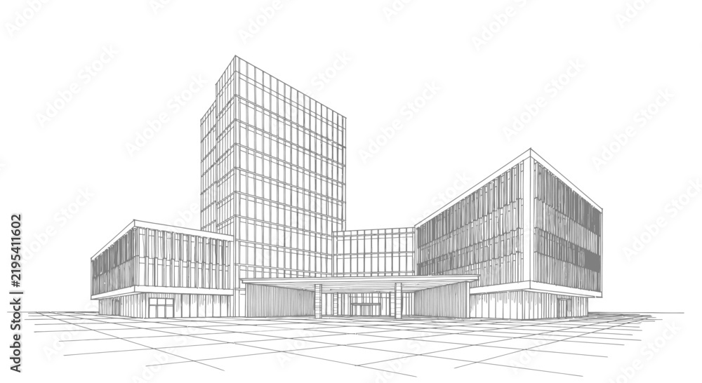 Obraz premium Creative Modern Minimalist Sketch of Contemporary Glass Office Building Complex with Geometric Design