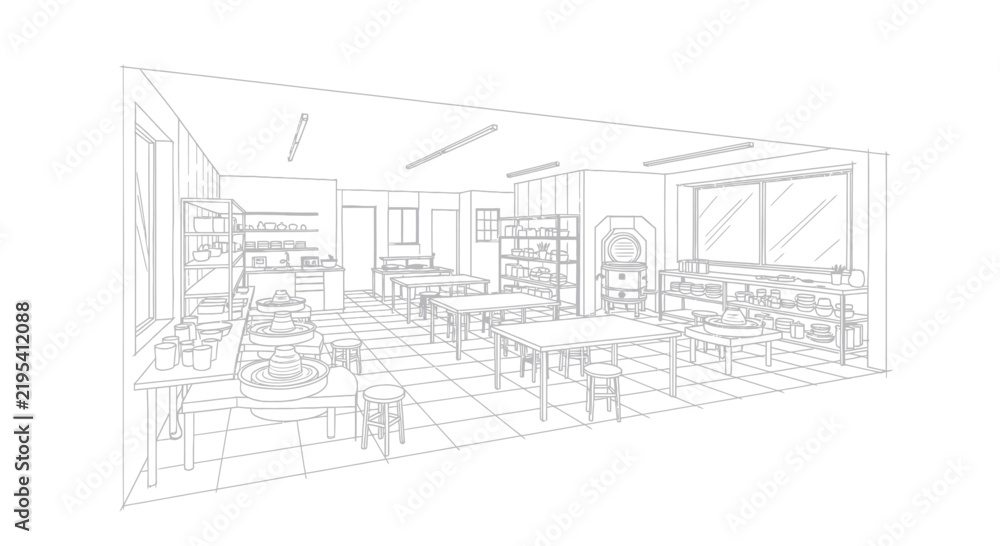 Fototapeta premium Dynamic Black and White Sketch of a Modern Pottery Studio with Workstations Shelves and Pottery Wheels