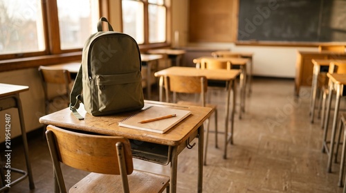Empty classroom with backpack on desk ready for learning